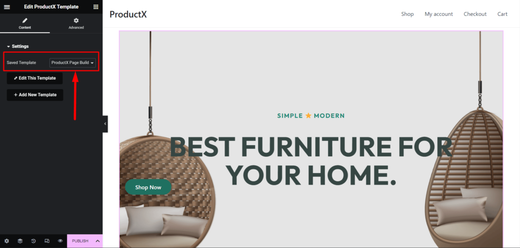 ProductX 페이지 빌더 통합: Elementor, Divi, Oxygen 및 Beaver 12 Selecting Saved Template for ProductX