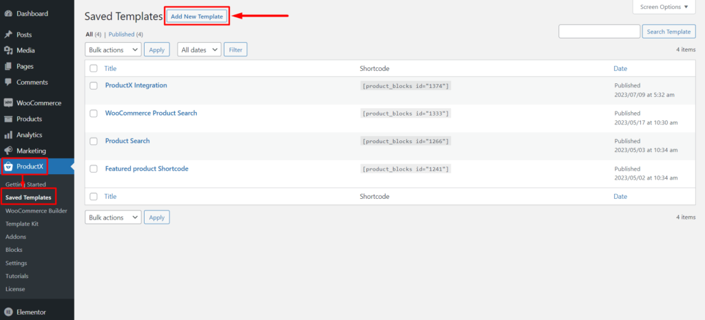 ProductX 페이지 빌더 통합: Elementor, Divi, Oxygen 및 Beaver 4 Creating New Saved Template with ProductX