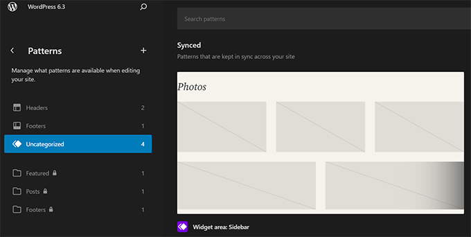 サイトエディターのパターンライブラリ Patterns library in site editor