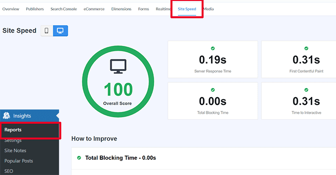 MonsterInsights의 사이트 속도 Site Speed in MonsterInsights