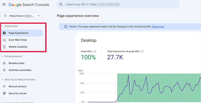 Google Search Console의 사용자 경험 섹션 User experience section under Google Search Console