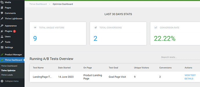Thrive Optimize 대시보드 Thrive Optimize dashboard