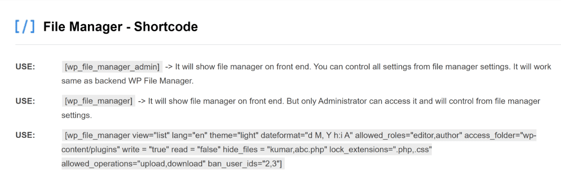 WP File Manager shortcode functionality