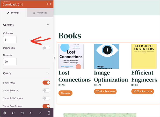 downloads-grid-block-settings - SeedProd Easy Digital Downloads grid block settings