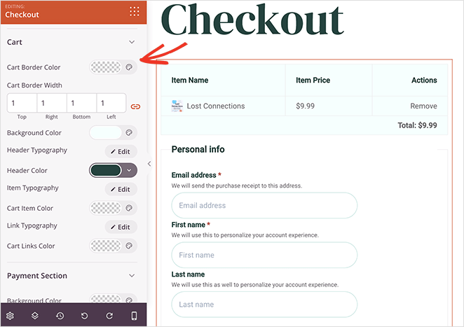 opções de personalização de bloco de checkout - SeedProd Easy Digital Downloads checkout block settings