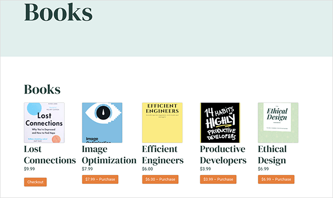 página de listagem de produtos digitais - SeedProd Digital Product listings page example
