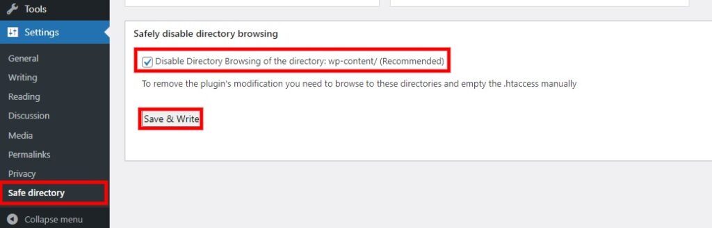 as configurações do plug-in desativam a navegação no diretório no wordpress