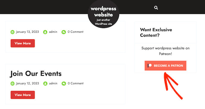 Um exemplo de botão Patreon, em um site WordPress An example of a Patreon button, on a WordPress website