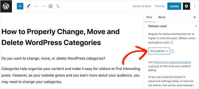 Restringindo o conteúdo com base nos níveis do Patreon no editor de postagem e página do WordPress Restricting content based on Patreon levels in the WordPress post and page editor