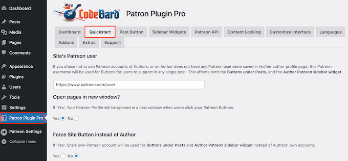 Configurações Patron Plugin Pro do CodeBard CodeBard's Patron Plugin Pro settings