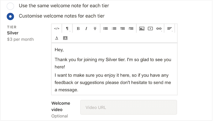 Um exemplo de uma nota de boas-vindas personalizada do Patreon An example of a custom Patreon welcome note