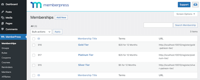 Níveis de associação, no plug-in WordPress MemberPress Membership tiers, in the MemberPress WordPress plugin