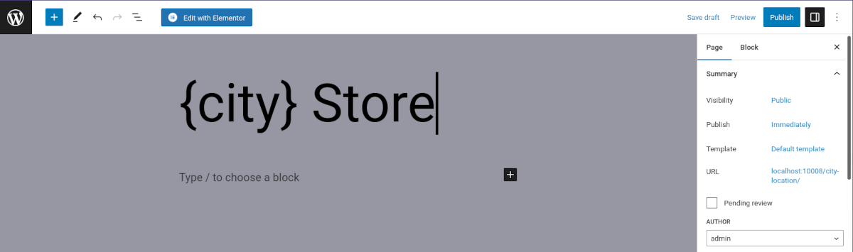 captura de tela do editor de páginas do WordPress com o título {city} Store