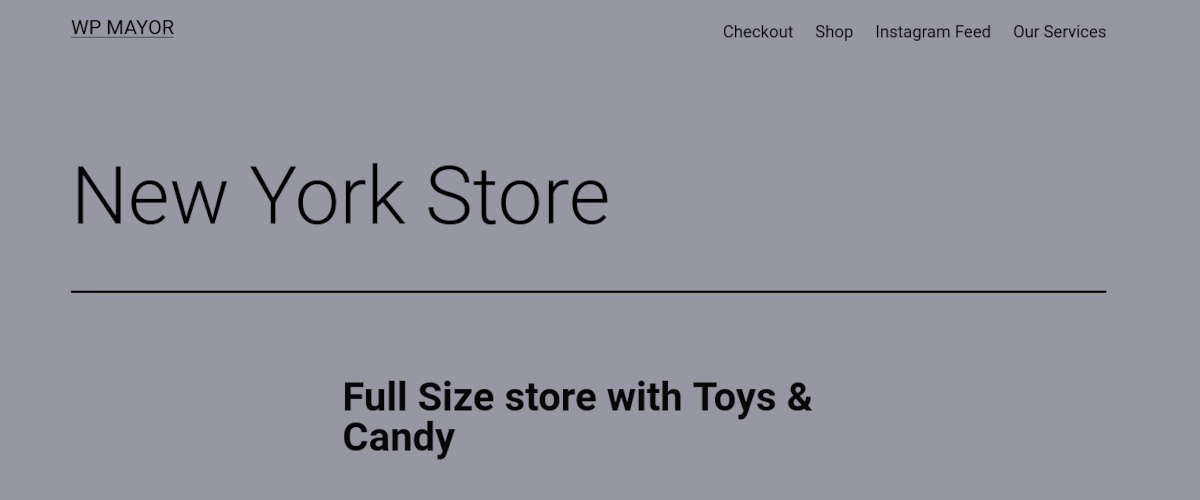 captura de tela da página no WordPress com o título "Loja de Nova York" e o título "Loja em tamanho real com brinquedos e doces"