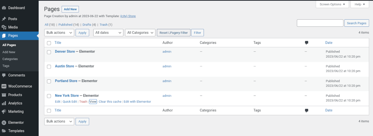captura de tela do painel do WordPress mostrando a lista de novas páginas criadas usando LPagery