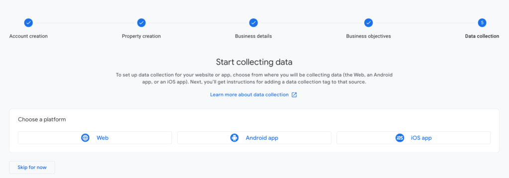 Uma captura de tela da configuração da conta do Google Analytics 4