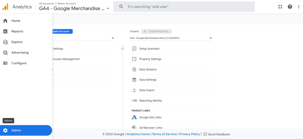 Uma captura de tela da página Admin de uma propriedade do Google Analytics 4