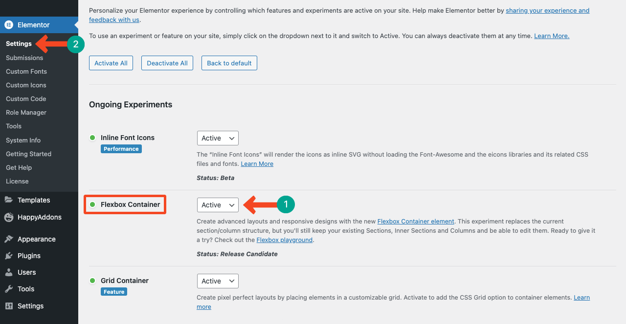 Activate the Flexbox Container in Elementor Settings