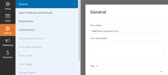 Paramètres généraux du formulaire Mailchimp General form settings Mailchimp