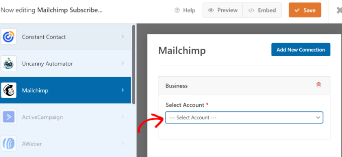 Sélectionnez votre compte Mailchimp Select your Mailchimp account