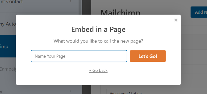Entrez le nom de la page d'intégration du formulaire Enter name for form embed page