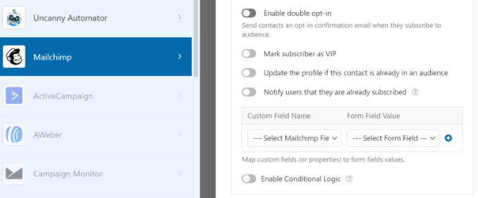 Plus de paramètres Mailchimp dans WPForms More Mailchimp settings in WPForms