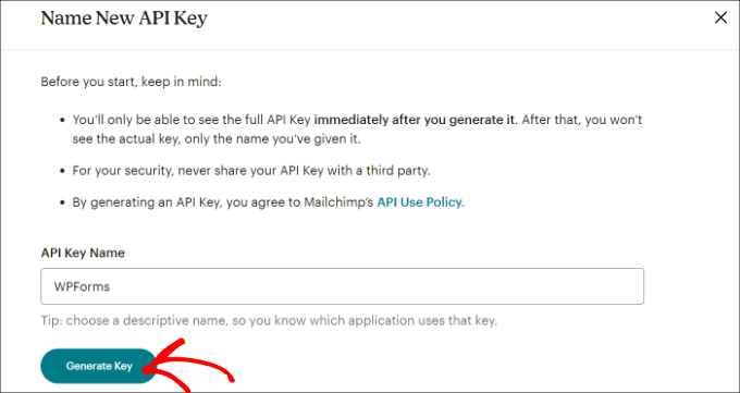 Entrez un nom pour la clé API Enter a name for API key