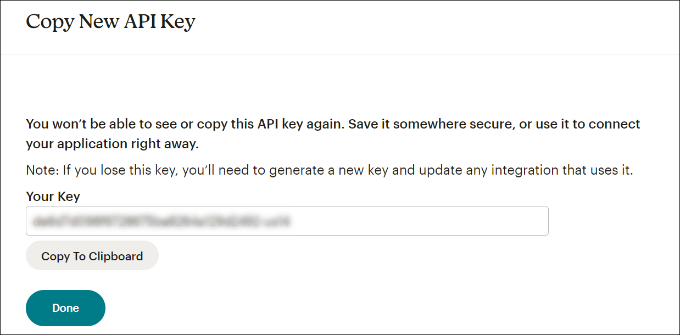 Copiez la clé API Copy the API key