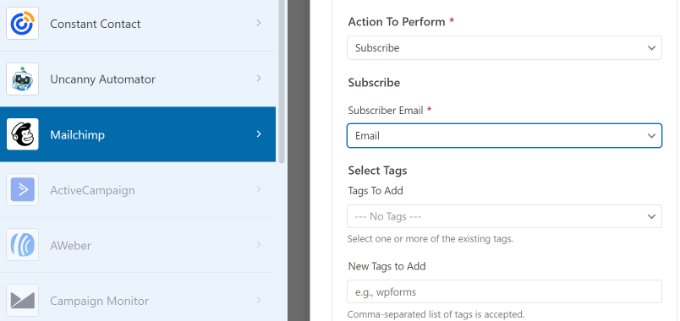 Paramètres Mailchimp supplémentaires dans WPForms Additional Mailchimp settings in WPForms