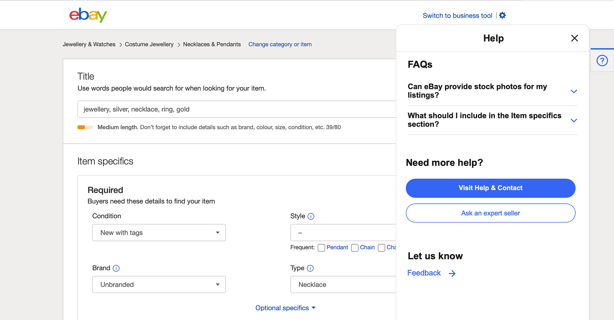 Configuração da conta do eBay com a seção de Ajuda aberta.
