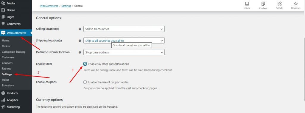 这是 WordPress 后端的屏幕截图,用于从 WooCommerce 设置启用税率和计算
