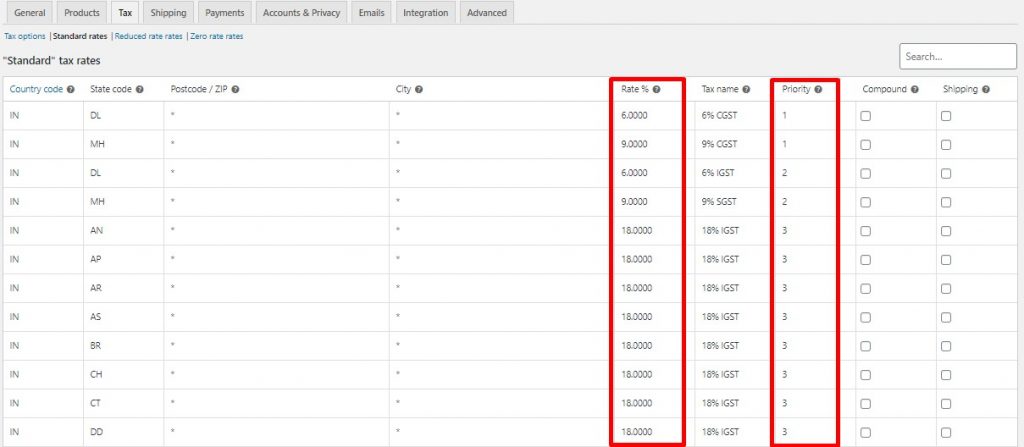 这是 WordPress 后端 WooCommerce 标准税率的屏幕截图
