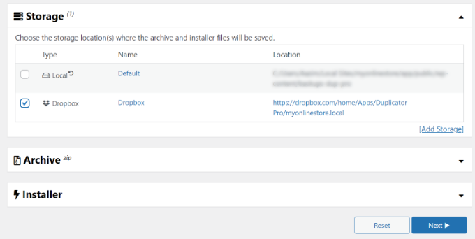 Seleziona Dropbox come opzione di archiviazione Select Dropbox as storage option