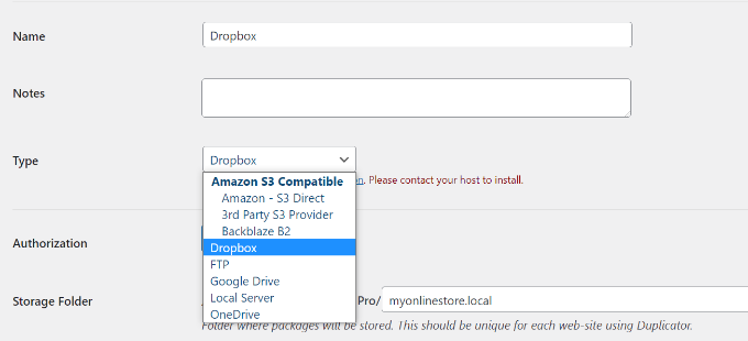 Seleziona Dropbox come tipo Select Dropbox as type