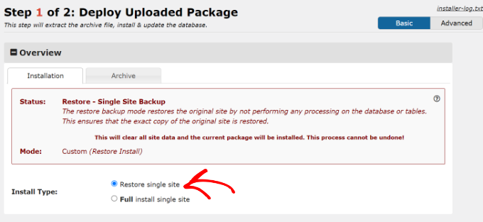 Seleziona Ripristina singolo sito Select restore single site