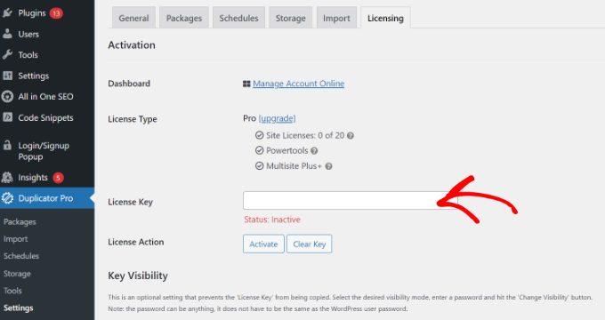 Inserisci la tua licenza Duplicator Enter your Duplicator license