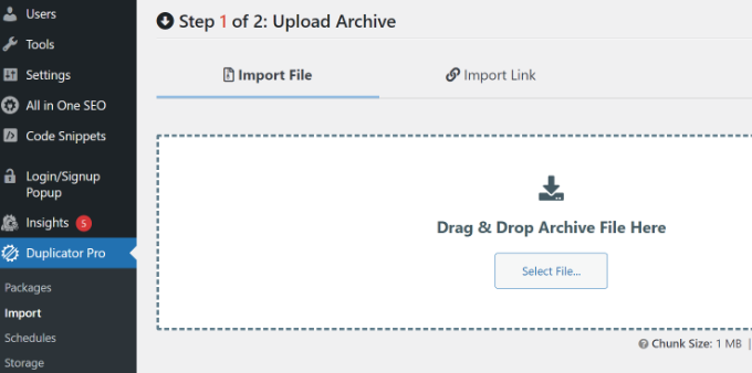 Importa il pacchetto di backup Import backup package