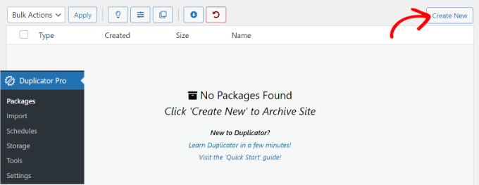 Crea un nuovo pacchetto in Duplicator Create a new package in Duplicator