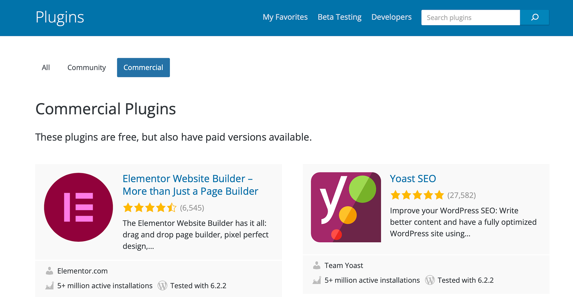 Usando o filtro de plugins comerciais no repositório WordPress.