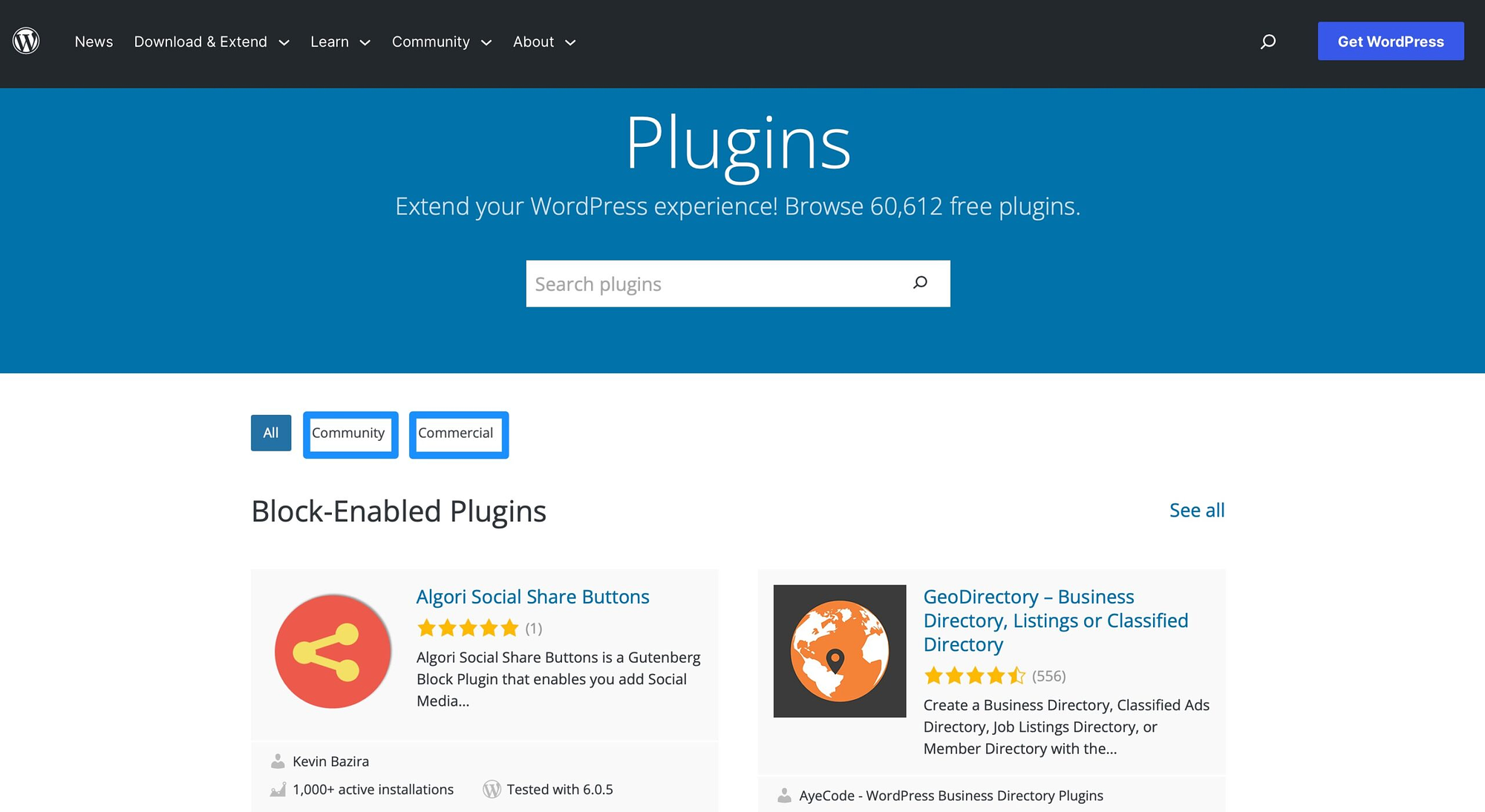 Comunidade vs plug-ins comerciais no repositório WordPress.