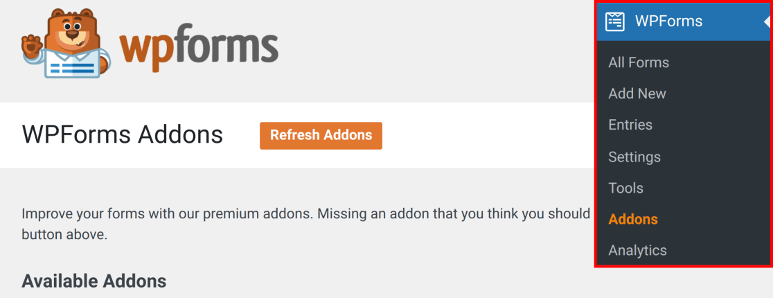 WPForms addons screen