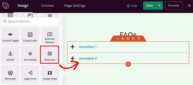 เพิ่มบล็อกหีบเพลงใน SeedProd Add Accordion block in SeedProd