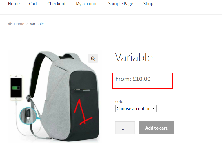 Cette image montre la fourchette de prix modifiée dans les produits variables WooCommerce