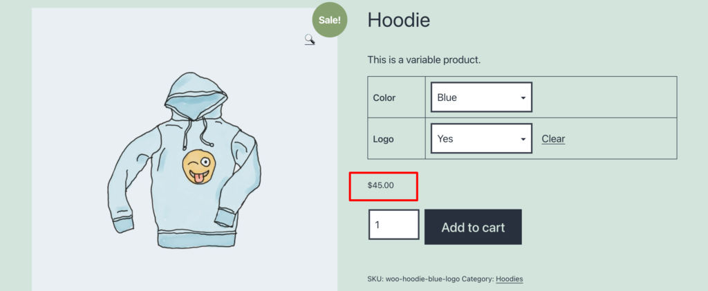 Il s'agit d'une capture d'écran qui ne montre qu'un seul prix pour les produits variables WooCommerce.