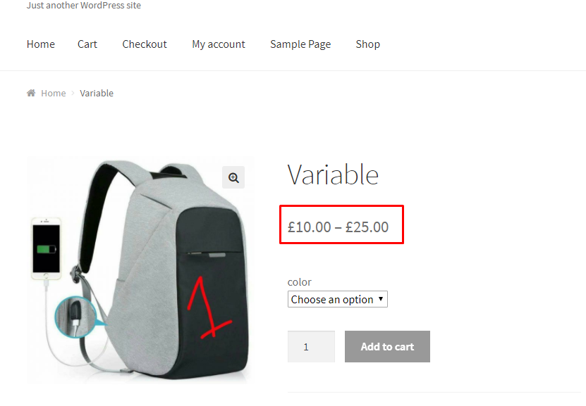 Cette image montre la fourchette de prix d'un produit variable WooCommerce.