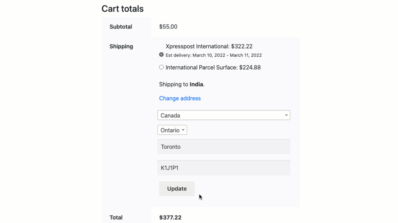 taxas de postagem do woocommerce canadá no carrinho