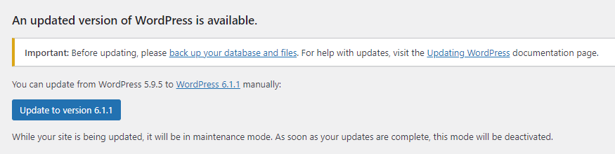 opción para actualizar manualmente WordPress
