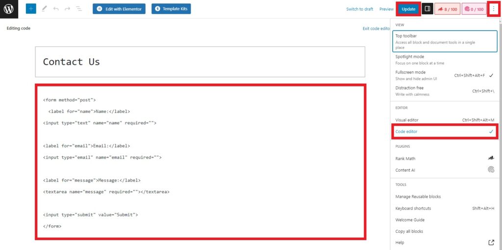 html kodu wordpress'te bir form oluşturmak