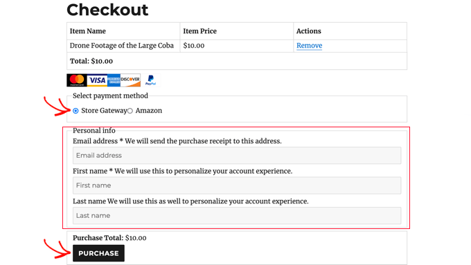 Wybierz Store Gateway, a następnie kliknij przycisk Kup na stronie kasy Select Store Gateway Then Click the Purchase Button on the Checkout Page