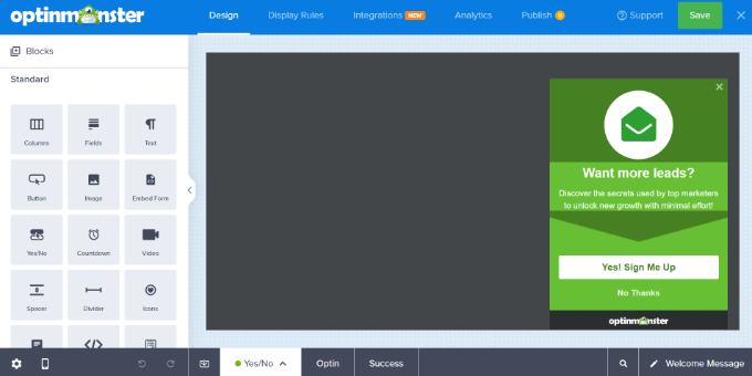 Interfaz del constructor OptinMonster Edit the welcome message